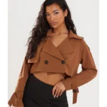 Sharon Site Pockets Classic Camel Cropped Trench Coat