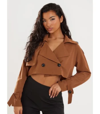 Sharon Site Pockets Classic Camel Cropped Trench Coat