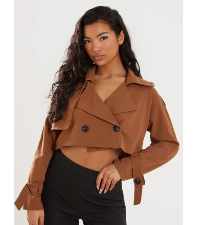 Sharon Site Pockets Classic Camel Cropped Trench Coat