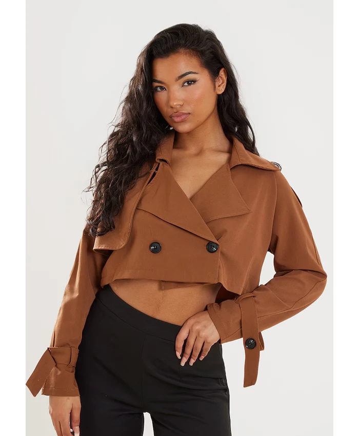 Sharon Site Pockets Classic Camel Cropped Trench Coat Sharon Site Pockets Classic Camel Cropped Trench Coat