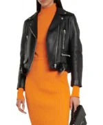 Slim Fit Belted Black Motorcycle Jacket For Women
