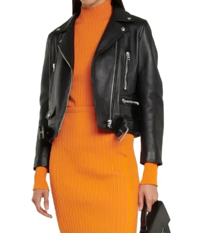 Slim Fit Belted Black Motorcycle Jacket For Women