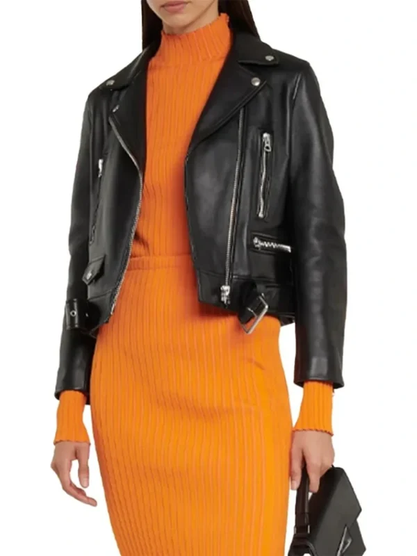 Slim Fit Belted Black Motorcycle Jacket For Women