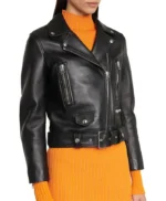 Slim Fit Belted Black Motorcycle Jacket For Women
