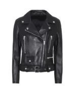 Slim Fit Belted Black Motorcycle Jacket For Women