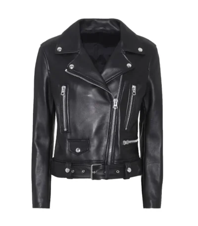 Slim Fit Belted Black Motorcycle Jacket For Women