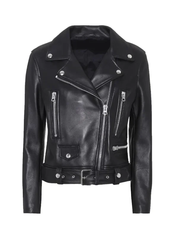 Slim Fit Belted Black Motorcycle Jacket For Women