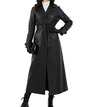 Sophia Black Leather Single Breasted Trench Coat