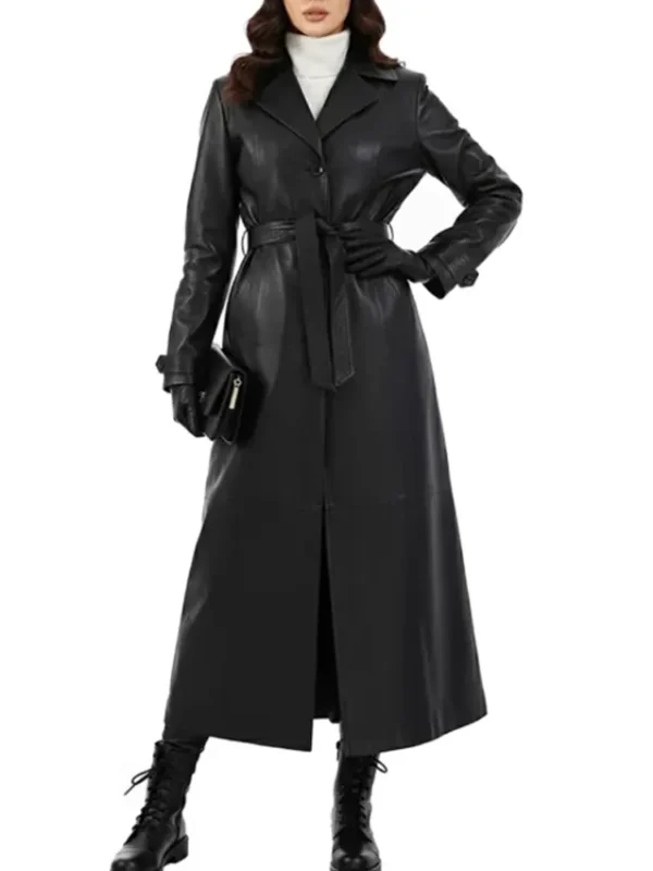 Sophia Black Leather Single Breasted Trench Coat