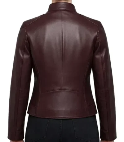 Stacy Burgundy Women’s Lambskin Cafe Racer Leather Jacket
