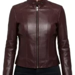 Stacy Burgundy Women’s Lambskin Cafe Racer Leather Jacket