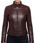 Stacy Burgundy Women’s Lambskin Cafe Racer Leather Jacket