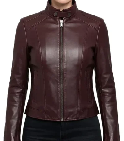 Stacy Burgundy Women’s Lambskin Cafe Racer Leather Jacket
