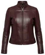Stacy Burgundy Women’s Lambskin Cafe Racer Leather Jacket