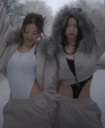 TWICE’s Jihyo and Momo Grey Fur Hooded Jacket