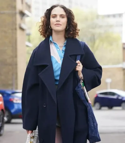 The Flatshare 2022 Jessica Brown Findlay Navy Blue Coat