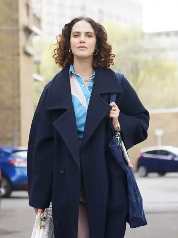 The Flatshare 2022 Jessica Brown Findlay Navy Blue Coat
