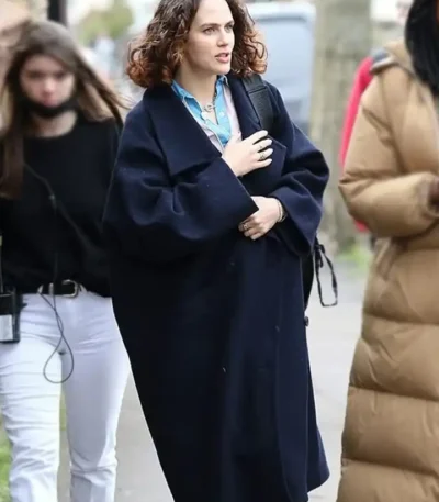The Flatshare 2022 Jessica Brown Findlay Navy Blue Coat