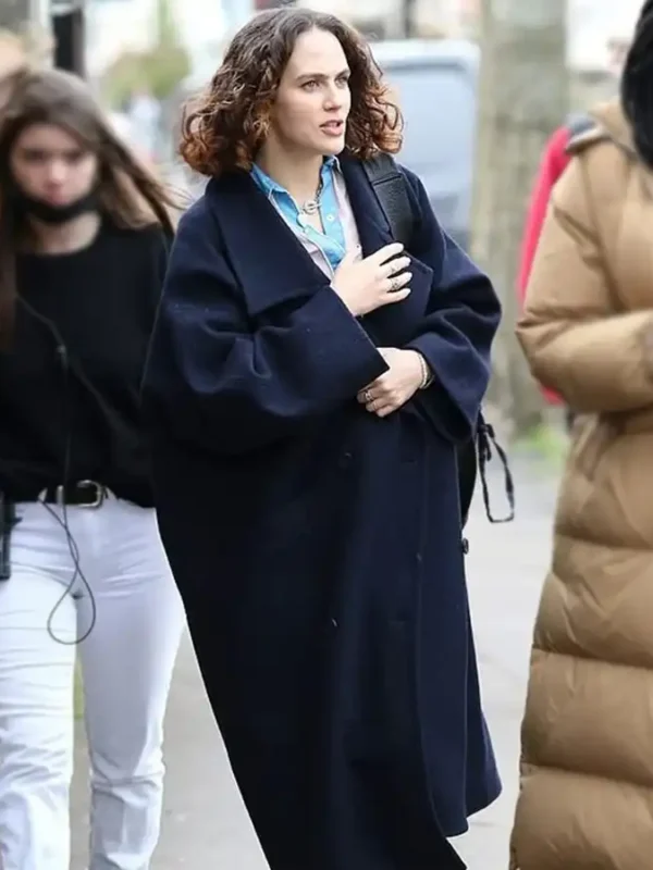The Flatshare 2022 Jessica Brown Findlay Navy Blue Coat