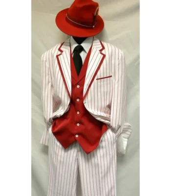 Two Button 1920s Fashion Single Breasted 3 Piece White and Red Pinstripe Suit