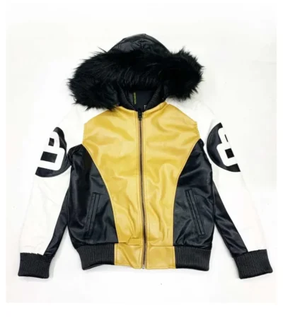 Unisex Khaki and White 8 Ball Fur Hooded Jacket
