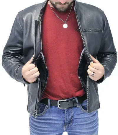 Vintage Black Motorcycle Leather Jacket For Mens