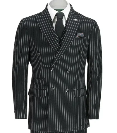Wendell 1920s Fashion White Pinstripe Four Button Double Breasted Suit