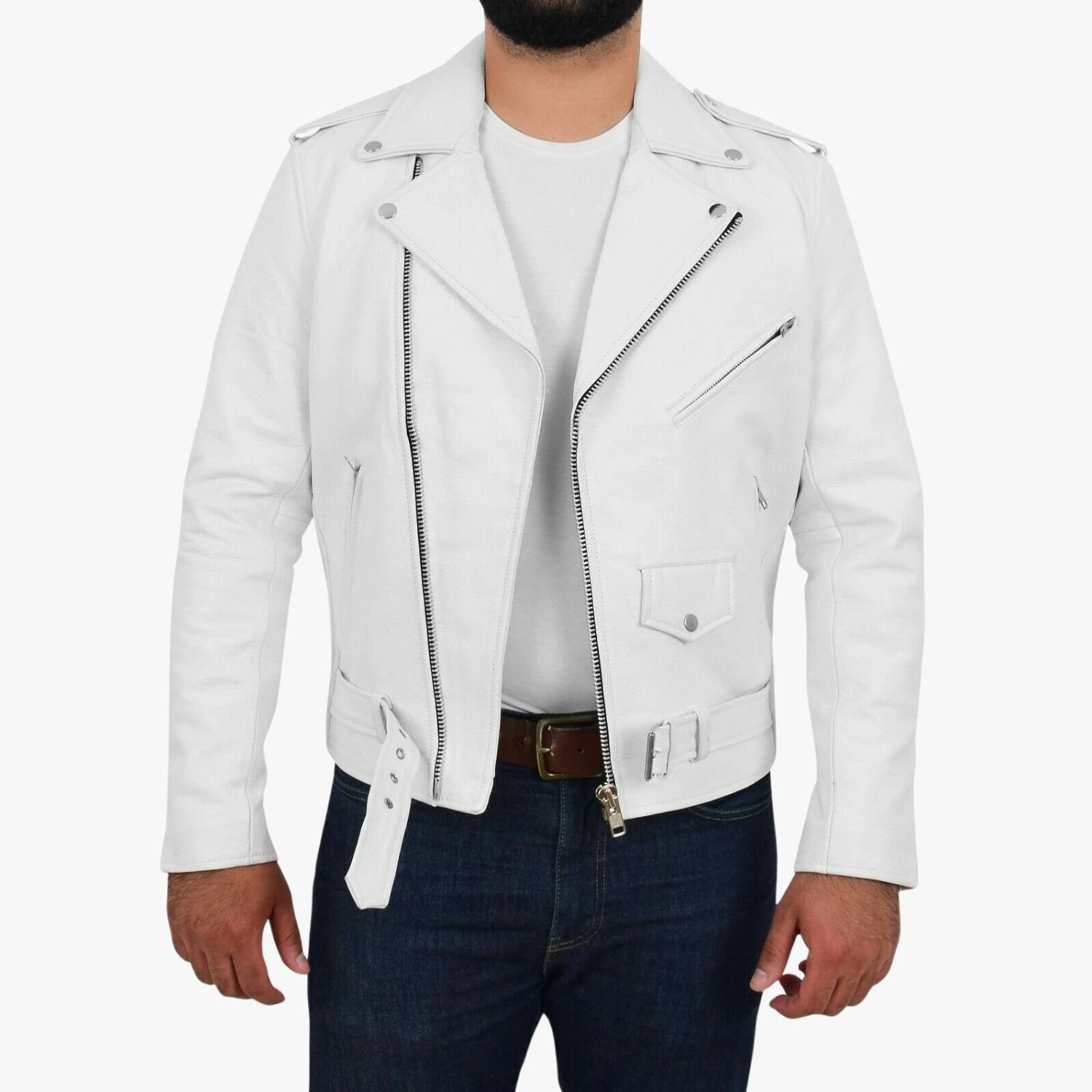 White Leather Jacket Slim Fit Biker Lambskin White Leather Jacket Slim Fit Biker Lambskin