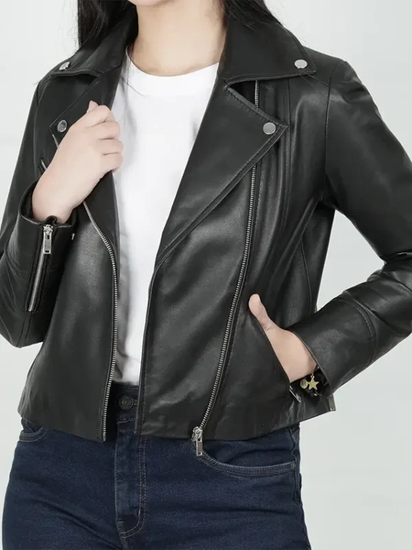 Women Moto Style Slim Fit Real Leather Jacket
