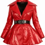 Women Red Leather Fit and Flared Jacket