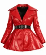 Women Red Leather Fit and Flared Jacket