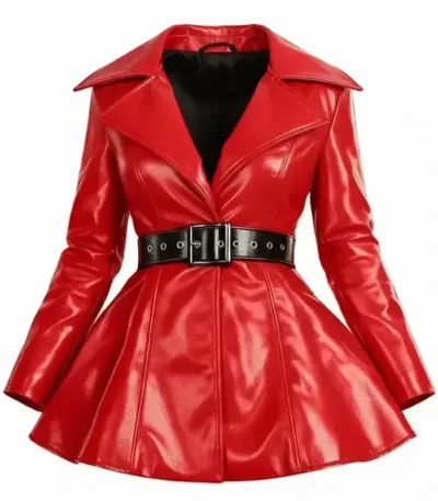 Women Red Leather Fit and Flared Jacket