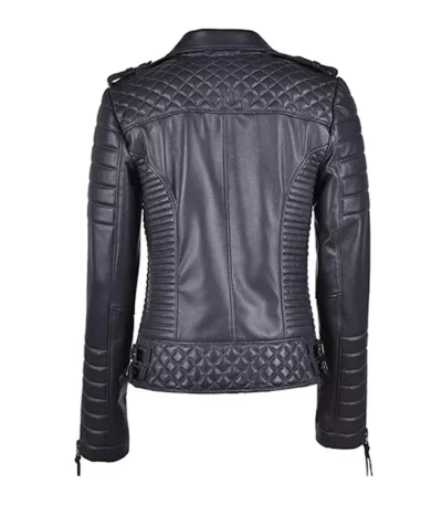 Women’s Black Leather Biker Jacket With Quilted Shoulder
