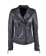 Women’s Black Leather Biker Jacket With Quilted Shoulder