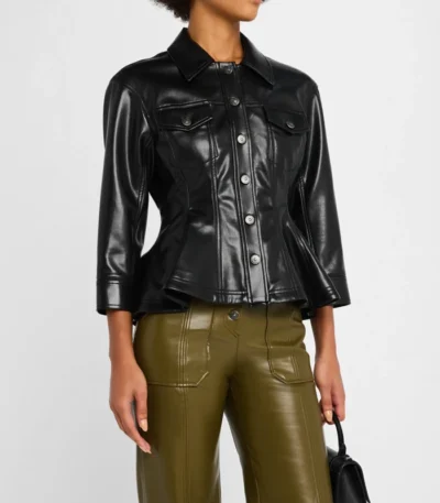 Womens Black Leather Trucker Peplum Jacket