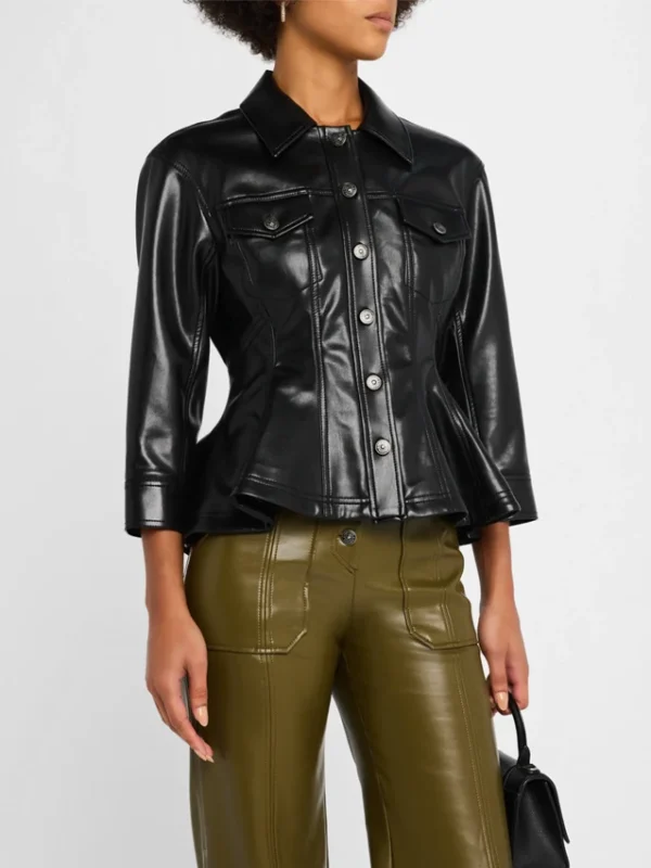 Womens Black Leather Trucker Peplum Jacket