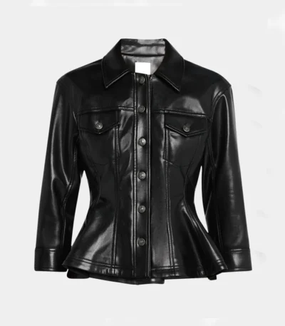 Womens Black Leather Trucker Peplum Jacket
