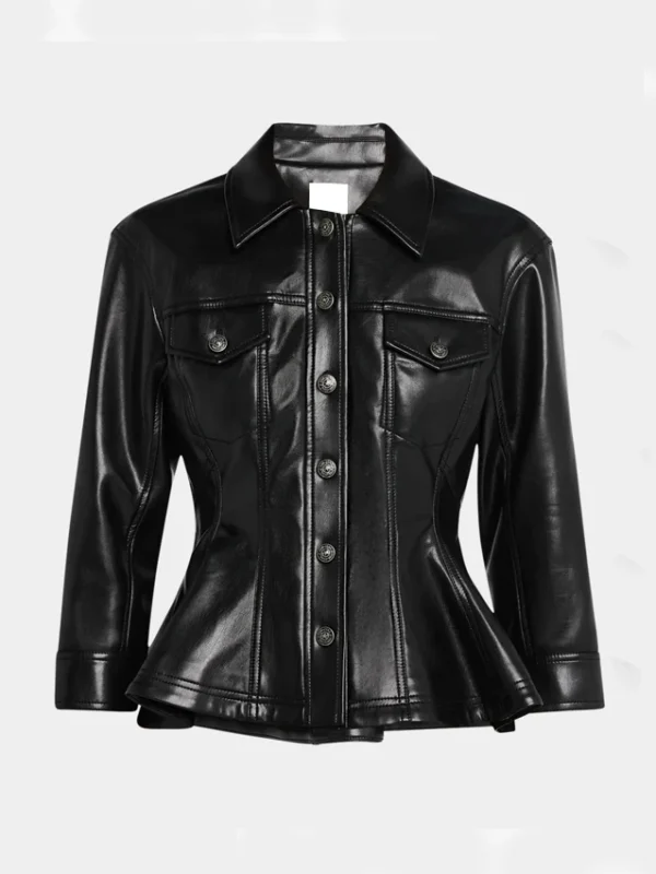 Womens Black Leather Trucker Peplum Jacket