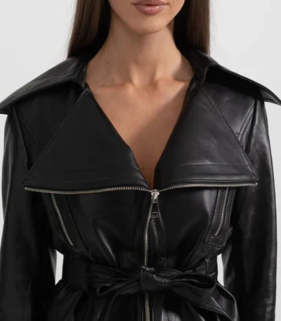 Womens Black Wide Lapel Leather Jacket With Belt