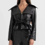 Womens Black Wide Lapel Leather Jacket With Belt