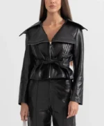 Womens Black Wide Lapel Leather Jacket With Belt