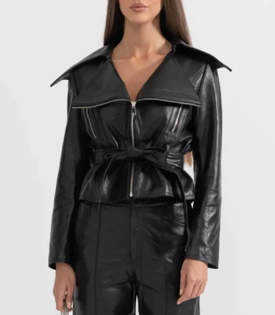 Womens Black Wide Lapel Leather Jacket With Belt