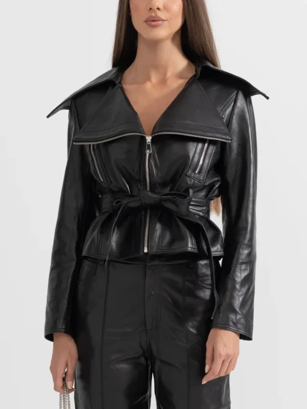 Womens Black Wide Lapel Leather Jacket With Belt