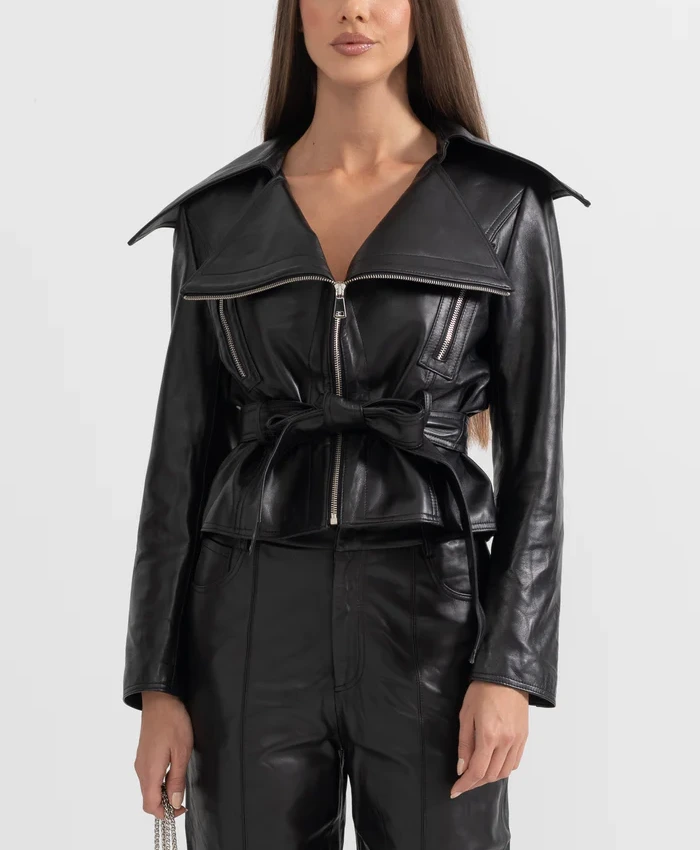 Womens Black Wide Lapel Leather Jacket With Belt Womens Black Wide Lapel Leather Jacket With Belt