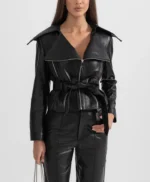 Womens Black Wide Lapel Leather Jacket With Belt
