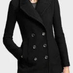 Womens Black Wool Lapel Collar Pea Coat