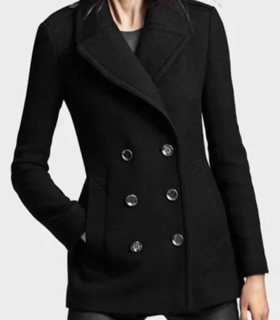 Womens Black Wool Lapel Collar Pea Coat