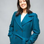 Womens Blue Double-Breasted Long Coat
