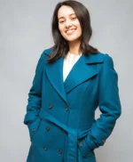 Womens Blue Double-Breasted Long Coat
