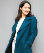 Womens Blue Double-Breasted Long Coat